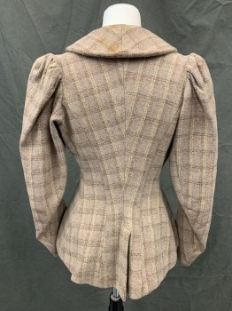 N/L, Lt Brown, Cream, Dk Brown, Wool, Grid , Brown Button Front (1 Button Doesn't Match), Shawl Collar, Puffed Up Shoulders, Long Sleeves, *Stain on Back Collar*