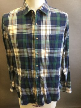 SOVEREIGN CODE , White, Navy Blue, Green, Peach Orange, Cotton, Plaid, Flannel, Button Front, Long Sleeves, Collar Attached,
