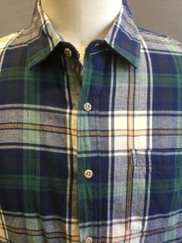 SOVEREIGN CODE , White, Navy Blue, Green, Peach Orange, Cotton, Plaid, Flannel, Button Front, Long Sleeves, Collar Attached,