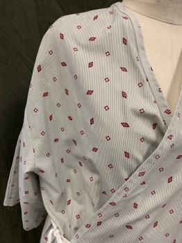 FASHION SEAL, Gray, White, Maroon Red, Poly/Cotton, Diamonds, Stripes, Gray/White Stripe with Maroon Diamond Pattern, Cross Over Tie Front with Interior Tie, Short Sleeves, Below Knee