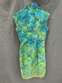 N/L, Green, Teal Blue, Brown, Silk, Abstract , Sheer Abstract Over Teal Blue Solid, Sleeveless, Mandarin Collar with Snaps, Side Zip,