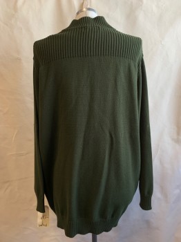 Mens, Pullover Sweater, OAK HILL, Olive Green, Cotton, Solid, 3 XL, Button Placket, Ribbed Yolk, Mock Neck
