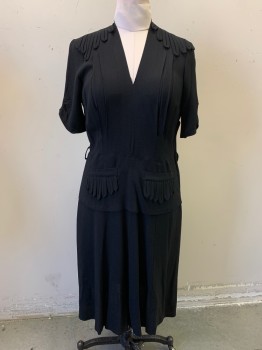 N/L, Black, Wool, Solid, Crepe, Short Sleeves with Ruched Detail, V-neck, Hanging Tabs at Shoulders, Pleats at Bust, Peplum Waist, 2 Faux Pockets at Waist with Hanging Tabs, Knee Length, **Has Shoulder Burn/Fading