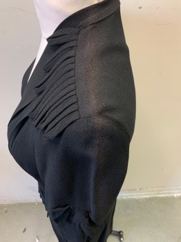 N/L, Black, Wool, Solid, Crepe, Short Sleeves with Ruched Detail, V-neck, Hanging Tabs at Shoulders, Pleats at Bust, Peplum Waist, 2 Faux Pockets at Waist with Hanging Tabs, Knee Length, **Has Shoulder Burn/Fading
