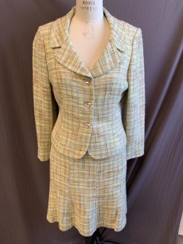 Womens, Suit, Jacket, TAHARI, Lt Gray, Brown, White, Lt Blue, Wool, Tweed, B: 38, 10, Notched Lapel, Single Breasted, Button Front