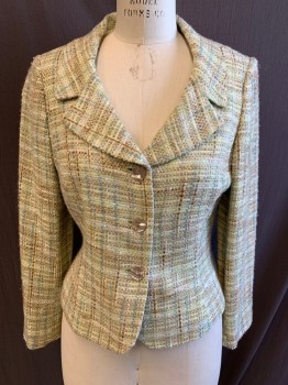 Womens, Suit, Jacket, TAHARI, Lt Gray, Brown, White, Lt Blue, Wool, Tweed, B: 38, 10, Notched Lapel, Single Breasted, Button Front