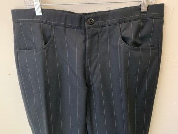MTO, Black, White, Wool, Stripes - Pin, 3 Pockets, Flat Front, Gabardine, Has Solid Black Panel Insert Center Back, the Black Panel Must Stay Because They Cut the Fabric Away When They Did the Alteration. (Could Be Replaced By Better Matching Fabric)