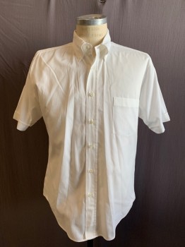 Mens, Shirt, MTO/ANTO, White, Cotton, Solid, 16, Pique Weave, Button Front, Collar Attached, Button Down Collar, 1 Pocket, Short Sleeves *Small Hole Center Back*