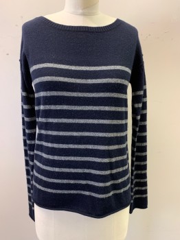 Womens, Pullover, VINCE, Navy Blue, Gray, Cashmere, Polyester, Stripes - Horizontal , S, Silver Glitter on Gray Stripes, Crew Neck, Long Sleeves