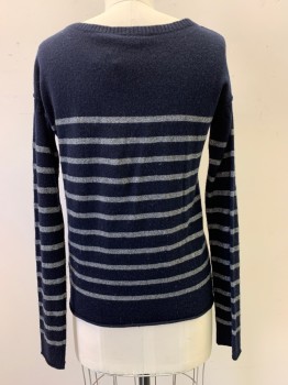 Womens, Pullover, VINCE, Navy Blue, Gray, Cashmere, Polyester, Stripes - Horizontal , S, Silver Glitter on Gray Stripes, Crew Neck, Long Sleeves