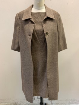 Womens, Dress, Piece 2, MARIA BIANCA NERO, Taupe, Silver, Silk, Polyester, 2 Color Weave, M, Coat - Collar Attached, Snap Front, & Button Front, Short Sleeves, 2 Pockets