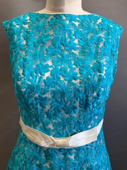 Womens, Cocktail Dress, NO LABEL, Turquoise Blue, Pearl White, Polyester, Cotton, Floral, W27, B32, Sleeveless, Full Embroiderred Flowers, Waist Band with Bow, Sheer, Back Zipper,