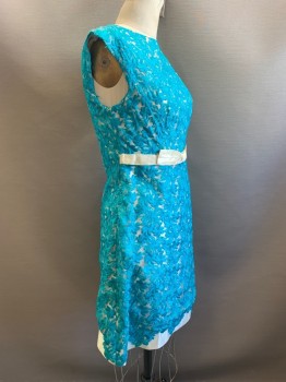 NO LABEL, Turquoise Blue, Pearl White, Polyester, Cotton, Floral, Sleeveless, Full Embroiderred Flowers, Waist Band with Bow, Sheer, Back Zipper,