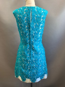 Womens, Cocktail Dress, NO LABEL, Turquoise Blue, Pearl White, Polyester, Cotton, Floral, W27, B32, Sleeveless, Full Embroiderred Flowers, Waist Band with Bow, Sheer, Back Zipper,