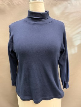 Womens, Top, CURRANTS BY JERI JO, Navy Blue, Cotton, Solid, L, Turtleneck, Jersey, Long Sleeves, Pullover, Rib Knit Neck and Cuffs