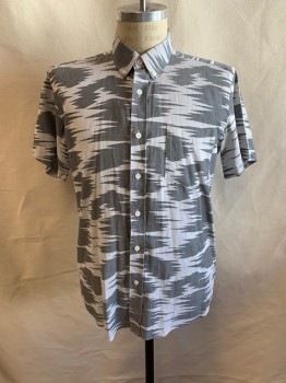 Mens, Casual Shirt, SATURDAYS, Dk Gray, Lt Gray, Cotton, Abstract , 15.5, Button Down Collar, Button Front, Short Sleeves, 1 Pocket