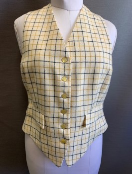 Womens, Vest, HARROD'S, Cream, Navy Blue, Mustard Yellow, Wool, Viscose, Plaid - Tattersall, B:38, Equestrian, Wool Front, Mustard Satin Back, 6 Buttons, V-Neck, 2 Pockets With Flaps, Elastic At Back Waist