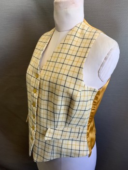 Womens, Vest, HARROD'S, Cream, Navy Blue, Mustard Yellow, Wool, Viscose, Plaid - Tattersall, B:38, Equestrian, Wool Front, Mustard Satin Back, 6 Buttons, V-Neck, 2 Pockets With Flaps, Elastic At Back Waist