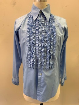 Mens, Formal Shirt, AFTER SIX, Powder Blue, Poly/Cotton, Solid, S:32, N:15, L/S, Button Front, Ruffled Front, Dagger Collar, Ruffles At Cuffs