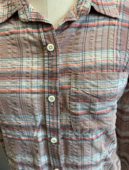Womens, Blouse, CURRENT ELLIOT , White, Coral Orange, Gray, Blue-Gray, Plaid, 0, L/S 1 Breast Pocket Button Down Collar
