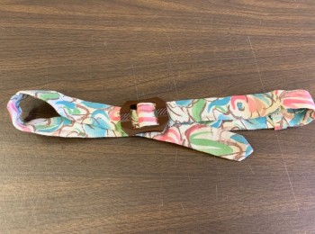Womens, 1940s Vintage, Belt, N/L MTO, Multi-color, Ecru, Turquoise Blue, Pink, Green, Cotton, Floral, Matching BELT to Dress (CF033443), Fabric with Brown Buckle, Made To Order