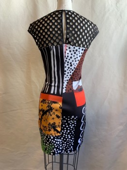 Womens, Dress, Sleeveless, CLOVER CANYON, Green, Black, Yellow, Red, Purple, Polyester, Spandex, Floral, Polka Dots, XS, Polka Dot Cut Out Yoke, Keyhole Back, Floral Photograph Print Over Abstract Patchwork Pattern