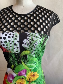 Womens, Dress, Sleeveless, CLOVER CANYON, Green, Black, Yellow, Red, Purple, Polyester, Spandex, Floral, Polka Dots, XS, Polka Dot Cut Out Yoke, Keyhole Back, Floral Photograph Print Over Abstract Patchwork Pattern
