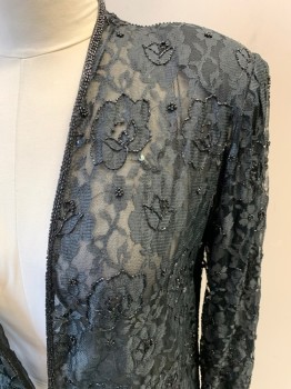 Womens, Evening Jacket, JUDITH ANN CREATIONS, Black, Rayon, Solid, Floral, M, L/S, Shawl Front, Hook N Eye Closure , Lace And Netting, Beads Sequin Floral Pattern