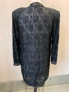 Womens, Evening Jacket, JUDITH ANN CREATIONS, Black, Rayon, Solid, Floral, M, L/S, Shawl Front, Hook N Eye Closure , Lace And Netting, Beads Sequin Floral Pattern