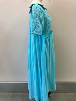 N/L, Turquoise Blue, Organza/Organdy, Cotton, Solid, Jewel Neck, S/S, CF  And CB Embroidery,  Silk  Bows And Waist Band, CB Zipper Attached Cape.