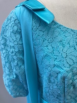 N/L, Turquoise Blue, Organza/Organdy, Cotton, Solid, Jewel Neck, S/S, CF  And CB Embroidery,  Silk  Bows And Waist Band, CB Zipper Attached Cape.