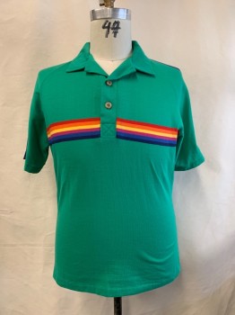 Mens, Polo Shirt, OCEAN PACIFIC, Green, Navy Blue, Multi-color, Poly/Cotton, Stripes, XL, C.A., 2 Buttons, S/S, Red, Orange, Yellow, Magenta, Light Blue, And Dark Blue Stripes Across Chest And Back,