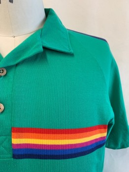 Mens, Polo Shirt, OCEAN PACIFIC, Green, Navy Blue, Multi-color, Poly/Cotton, Stripes, XL, C.A., 2 Buttons, S/S, Red, Orange, Yellow, Magenta, Light Blue, And Dark Blue Stripes Across Chest And Back,