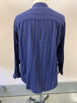 Mens, Shirt, EVERGREEN, Navy Blue, Black, Beige, Cotton, Stripes - Vertical , 16/34, L, Collar Band, Button Front, L/S, 1 Pocket