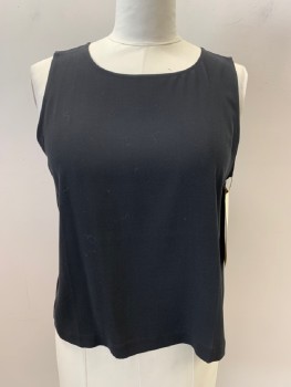 Womens, Shell, EILEEN FISHER, Black, Silk, Solid, L, Crepe, Slvls, Round Neck,  Keyhole Back