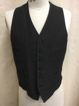 Mens, Vest, JOHN DAVID RIDGE, Black, White, Wool, Heathered, 38, 6 Buttons, 4 Jetted Pockets, Solid Black Cotton Lining, Rear Adjustment Clinch