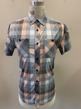 ZOO YORK, Gray, Dk Gray, Lt Peach, Poly/Cotton, Spandex, Plaid, Collar Attached, Button Front, Short Sleeves, 2 Pockets