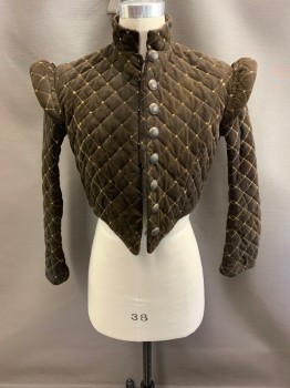 Mens, Historical Fiction Jacket, COSTUME CO OP, Brown, Wool, C40, Quilted, Cream Colored Window Pane, Mandarin Collar, Hood & Eye Front, Faux Buttons, Short