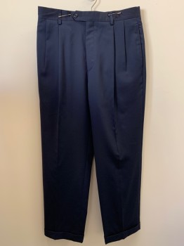 JOS A BANK, Navy Blue, Polyester, Cotton, Solid, Pleated Front, Side Pockets, Zip Front, Belt Loops,