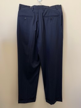 JOS A BANK, Navy Blue, Polyester, Cotton, Solid, Pleated Front, Side Pockets, Zip Front, Belt Loops,