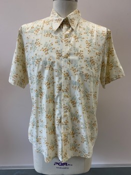 FINK, Cream, Sage Green, Olive Green, Orange, Polyester, Cotton, Floral, S/S, Button Front, Collar Attached, Chest Pocket