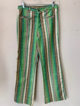 PLUSHBOTTOMS, Green, Brown, Ecru, Yellow, Sienna Brown, Cotton, Polyester, Stripes, Snap Front, Low Rise, Inset Front Pockets, No Back Pocket,straight Leg Flair,Slubby Open Weave, Varied Sized Verticle Stripes