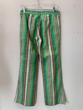 Womens, Pants, PLUSHBOTTOMS, Green, Brown, Ecru, Yellow, Sienna Brown, Cotton, Polyester, Stripes, 28/31, Snap Front, Low Rise, Inset Front Pockets, No Back Pocket,straight Leg Flair,Slubby Open Weave, Varied Sized Verticle Stripes