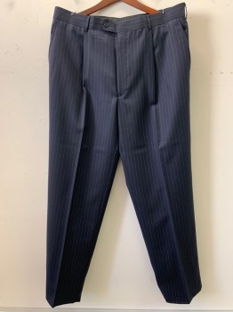 Mens, Suit, Pants, BERWIN & BERWIN, Black, White, Wool, Stripes - Pin, 32, 36, Belt Loops, 3 Pockets, 2 Buttons/1 Hook on Front Waist