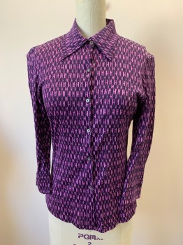 HERION, Dk Purple, Pink, Cotton, Text, Letter "H" Printed All Over, C.A., Button Front, 3/4 Sleeve