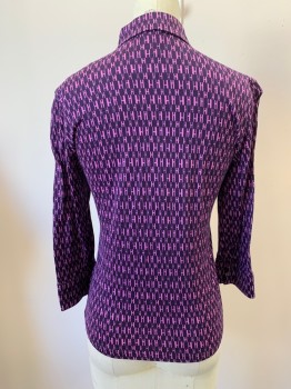 HERION, Dk Purple, Pink, Cotton, Text, Letter "H" Printed All Over, C.A., Button Front, 3/4 Sleeve