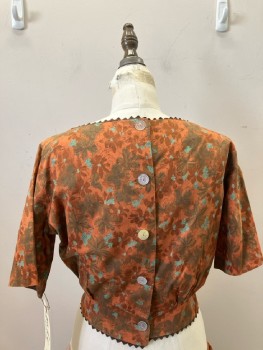 Womens, 1960s Vintage, Top, FOX 4, B 38, Multi Tonal Brown with Moss & Seafoam Floral, Cotton, S/S, Btns Up Back, Ric Rac Trim At Boat Neck & Hem