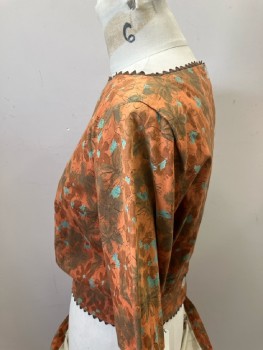 Womens, 1960s Vintage, Top, FOX 4, B 38, Multi Tonal Brown with Moss & Seafoam Floral, Cotton, S/S, Btns Up Back, Ric Rac Trim At Boat Neck & Hem