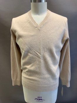 Mens, Pullover Sweater, BANANA REPUBLIC, Khaki Brown, Brown, Wool, Leather, Solid, L, L/S, V-N, Brown Leather Elbow Patches