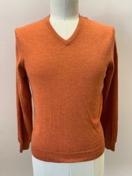 Mens, Pullover Sweater, BROOKS BROTHERS, Pumpkin Spice Orange, Wool, Nylon, Heathered, S, Knit, V Neck, Rib Knit, Knit Waistband & Cuff